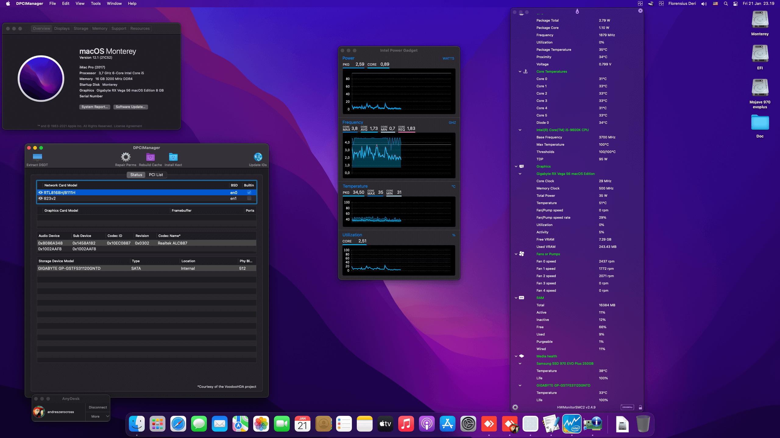 Success Hackintosh macOS Monterey 12.1 Build 21C52 in Gigabyte Z390 UD + Intel Core i5 9600K + Gigabyte Vega 56